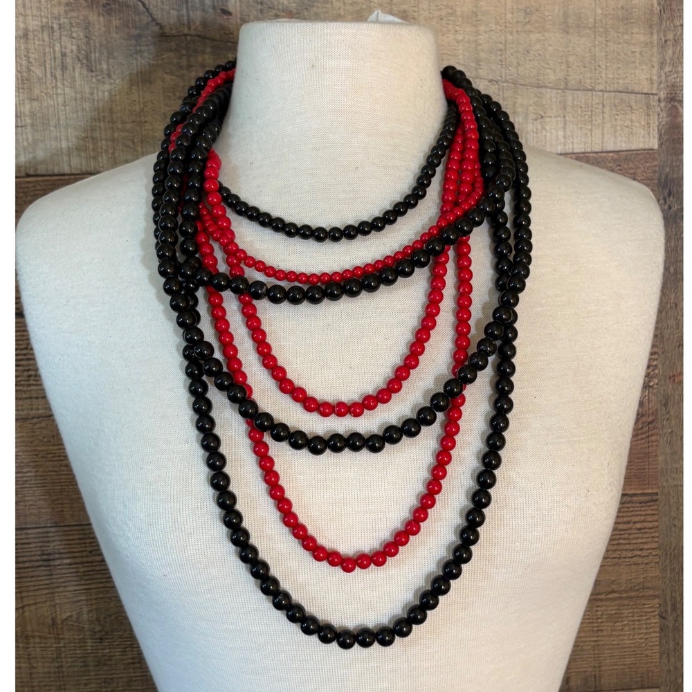 Vintage Style Multi Strand Black and Red Beaded Bib Statement Necklace